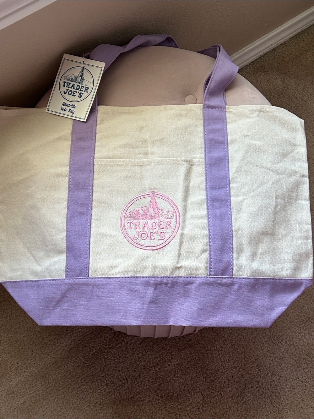 Trader Joe’s lavender Trim Canvas Tote Bag Large size